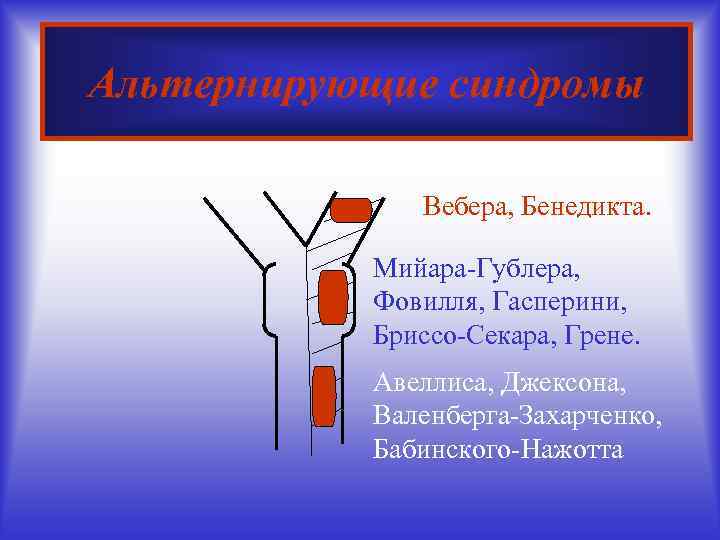 Альтернирующие синдромы Вебера, Бенедикта. Мийара-Гублера, Фовилля, Гасперини, Бриссо-Секара, Грене. Авеллиса, Джексона, Валенберга-Захарченко, Бабинского-Нажотта 