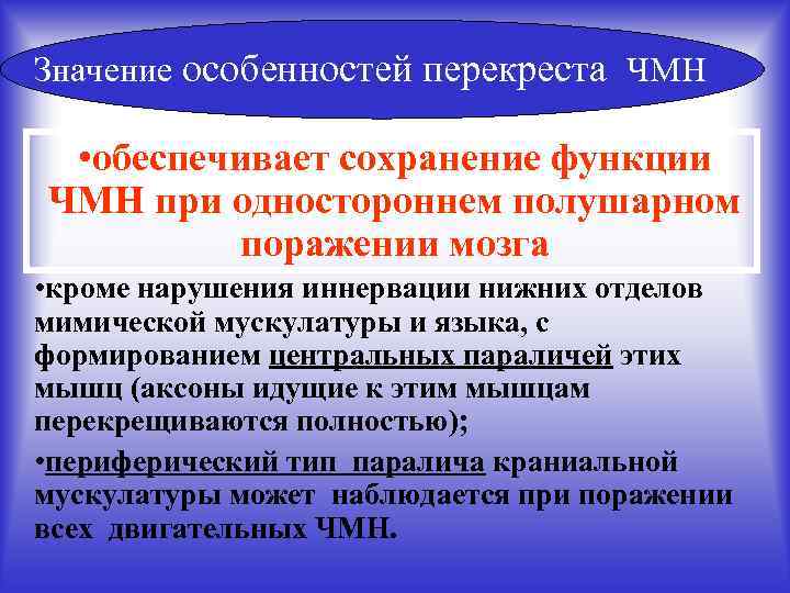 Значение особенностей перекреста ЧМН • обеспечивает сохранение функции ЧМН при одностороннем полушарном поражении мозга