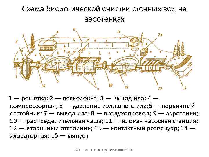 Схема биологической очистки сточных вод на аэротенках 1 — решетка; 2 — песколовка; 3