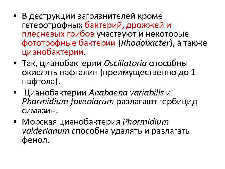  • В деструкции загрязнителей кроме гетеротрофных бактерий, дрожжей и плесневых грибов участвуют и