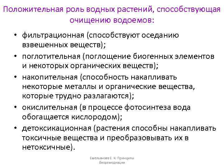 Положительная роль водных растений, способствующая очищению водоемов: • фильтрационная (способствуют оседанию взвешенных веществ); •