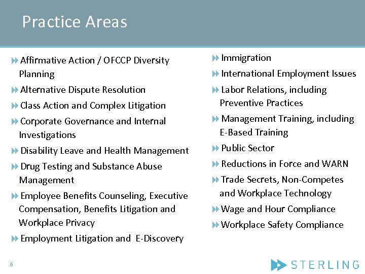 Practice Areas Affirmative Action / OFCCP Diversity Planning Immigration Alternative Dispute Resolution Class Action