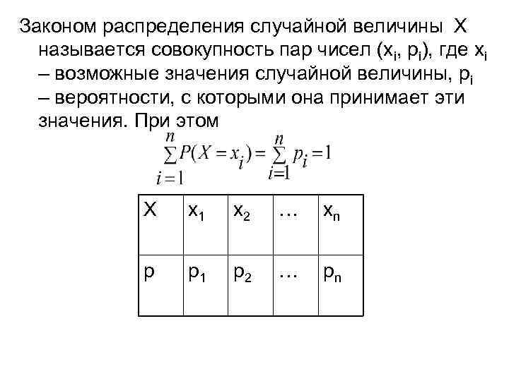 Законом распределения случайной величины Х называется совокупность пар чисел (хi, рi), где хi –