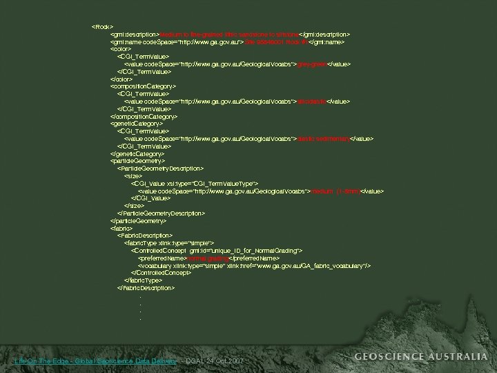 <Rock> <gml: description>Medium to fine-grained lithic sandstone to siltstone</gml: description> <gml: name code. Space="http: