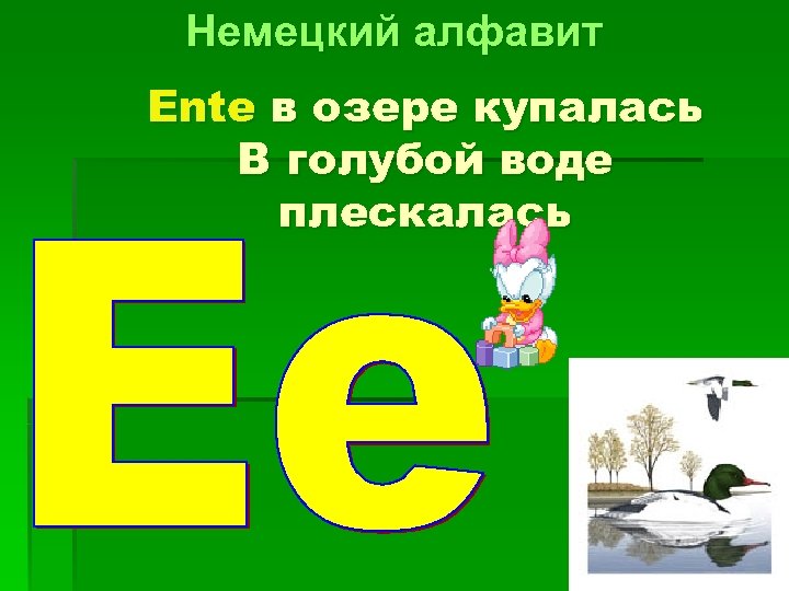 Немецкий алфавит Ente в озере купалась В голубой воде плескалась 