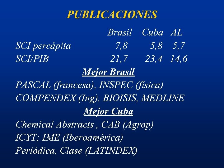PUBLICACIONES Brasil Cuba AL SCI percápita 7, 8 5, 7 SCI/PIB 21, 7 23,