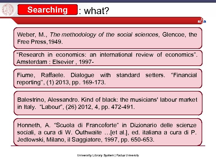 Searching : what? Weber, M. , The methodology of the social sciences, Glencoe, the