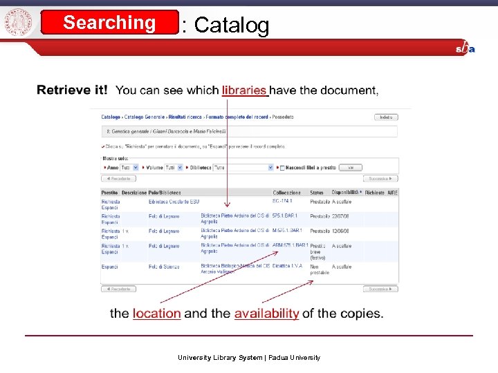 Searching : Catalog University Library System | Padua University 