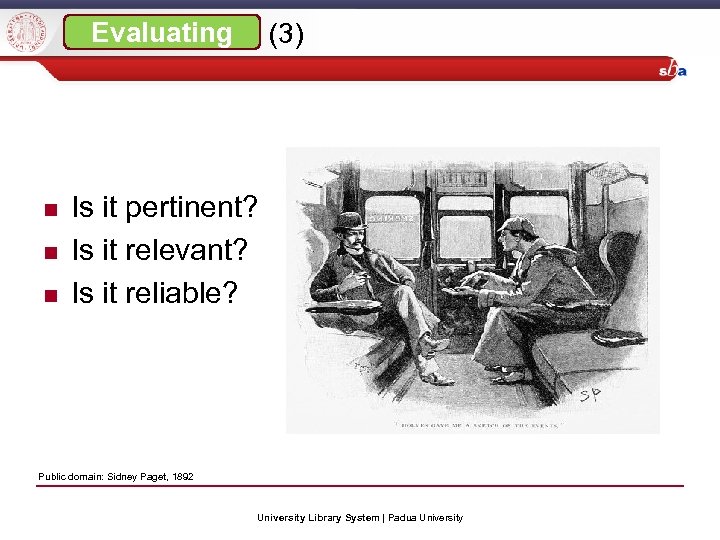 Evaluating (3) Is it pertinent? Is it relevant? Is it reliable? Public domain: Sidney