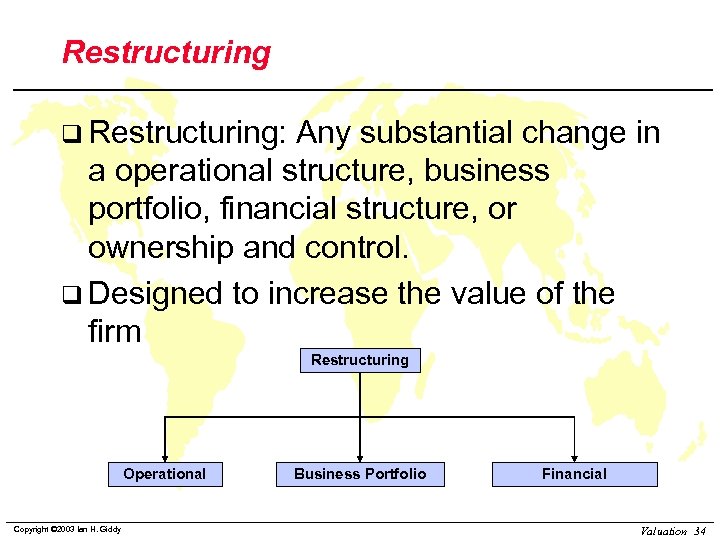 Restructuring q Restructuring: Any substantial change in a operational structure, business portfolio, financial structure,