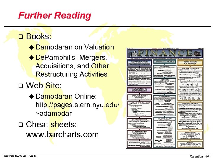 Further Reading q Books: u Damodaran on Valuation u De. Pamphilis: Mergers, Acquisitions, and
