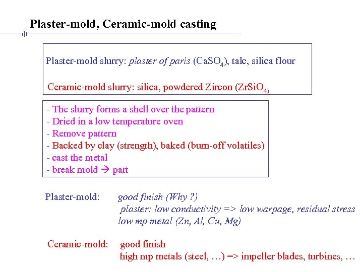 Plaster-mold, Ceramic-mold casting Plaster-mold slurry: plaster of paris (Ca. SO 4), talc, silica flour