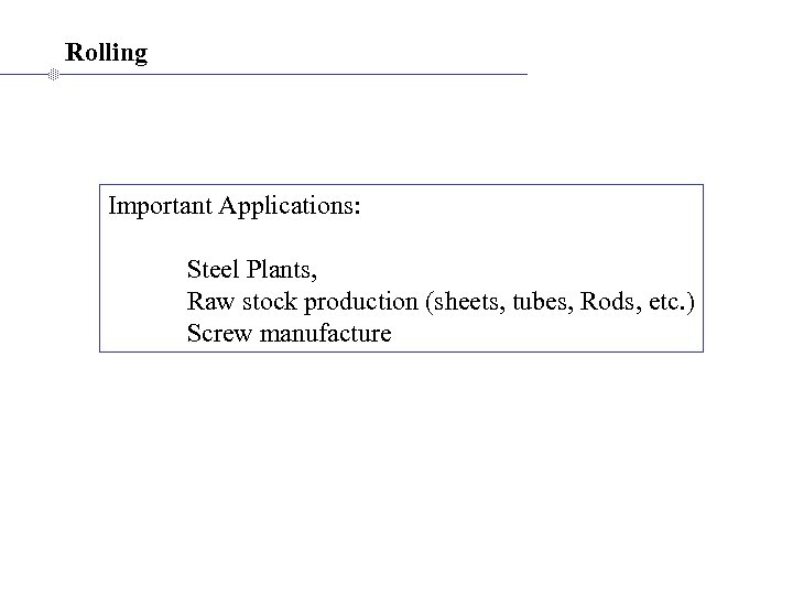 Rolling Important Applications: Steel Plants, Raw stock production (sheets, tubes, Rods, etc. ) Screw