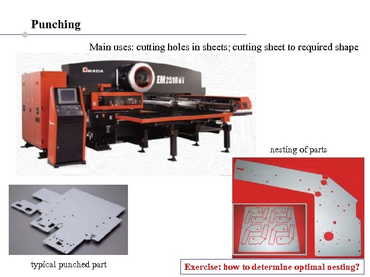 Punching Main uses: cutting holes in sheets; cutting sheet to required shape nesting of