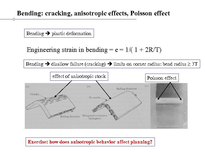 Bending: cracking, anisotropic effects, Poisson effect Bending plastic deformation Engineering strain in bending =