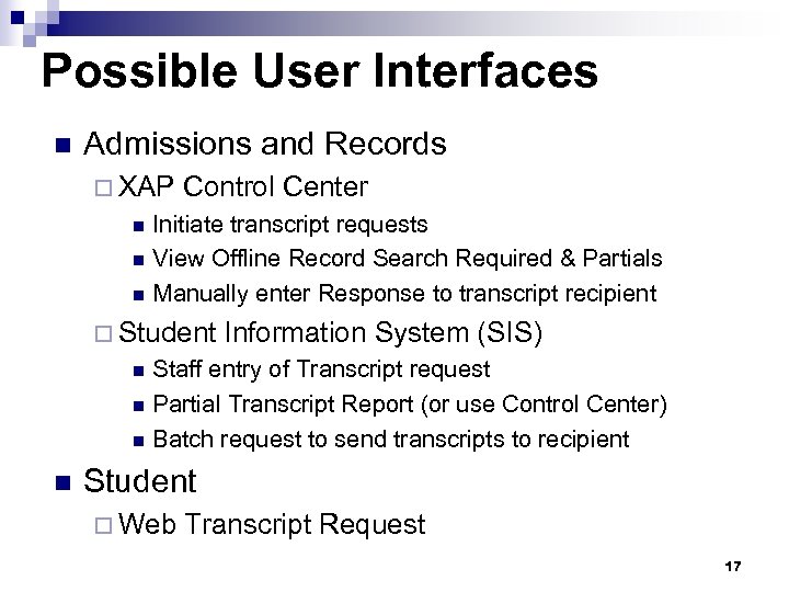 Possible User Interfaces n Admissions and Records ¨ XAP n n n Control Center