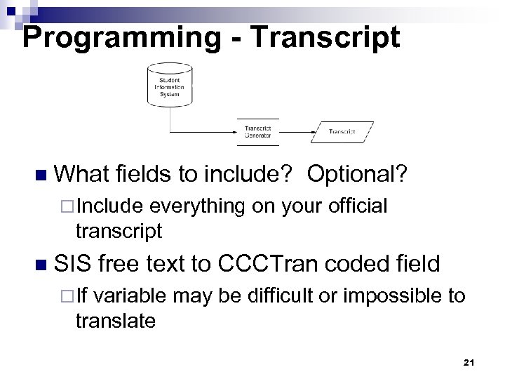 Programming - Transcript n What fields to include? Optional? ¨Include everything on your official