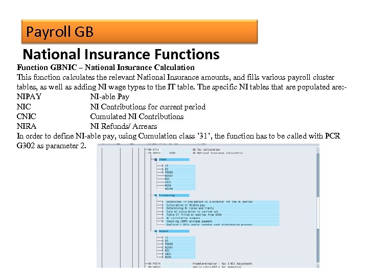 Payroll GB National Insurance Functions Function GBNIC – National Insurance Calculation This function calculates