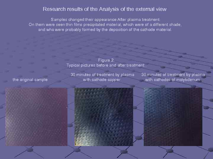 Research results of the Analysis of the external view Samples changed their appearance After