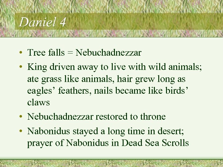 Daniel 4 • Tree falls = Nebuchadnezzar • King driven away to live with