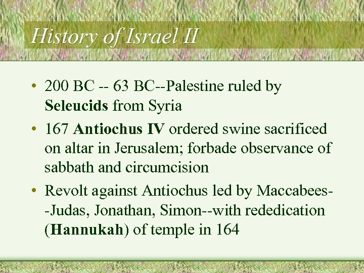 History of Israel II • 200 BC -- 63 BC--Palestine ruled by Seleucids from