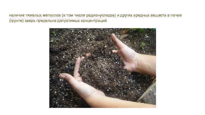 наличие тяжелых металлов (в том числе радионуклидов) и других вредных веществ в почве (грунте)