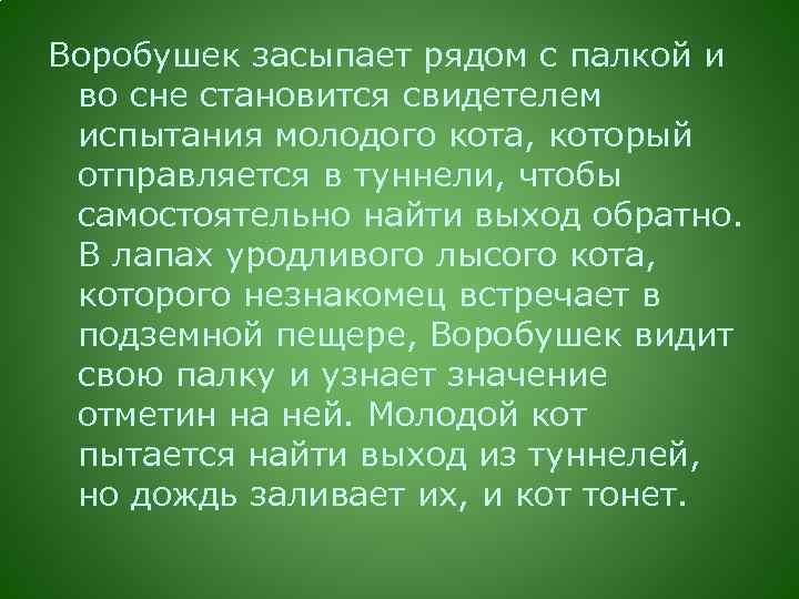 Воробушек засыпает рядом с палкой и во сне становится свидетелем испытания молодого кота, который