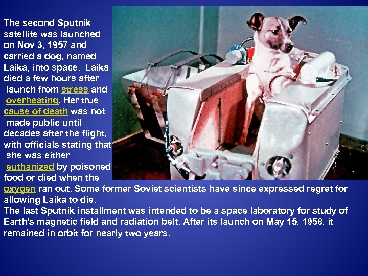 The second Sputnik satellite was launched on Nov 3, 1957 and carried a dog,