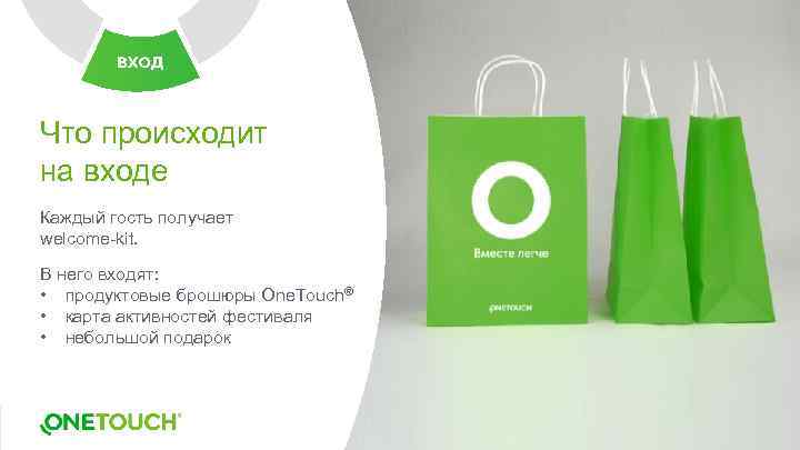 Что происходит на входе Каждый гость получает welcome-kit. В него входят: • продуктовые брошюры