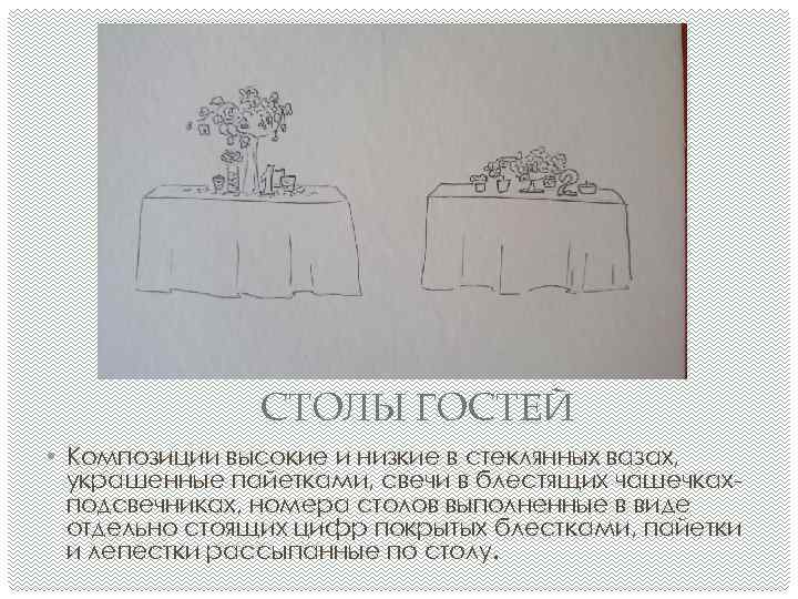 СТОЛЫ ГОСТЕЙ • Композиции высокие и низкие в стеклянных вазах, украшенные пайетками, свечи в