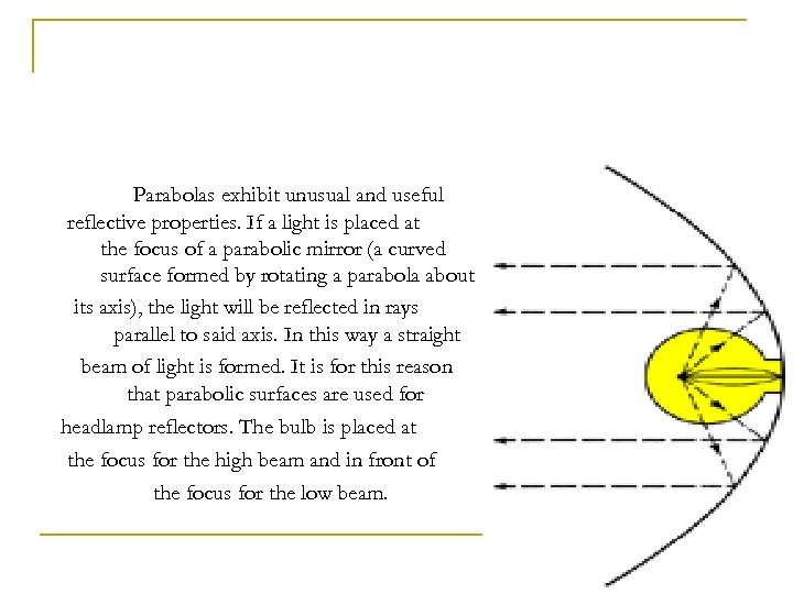 Parabolas exhibit unusual and useful reflective properties. If a light is placed at the