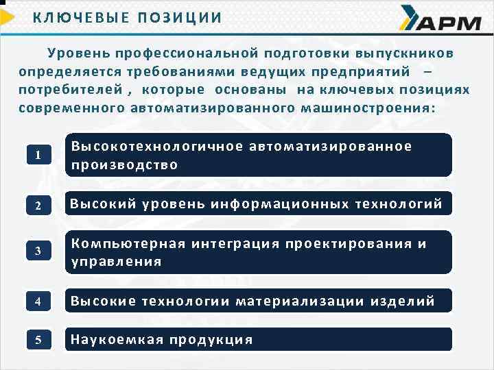 КЛЮЧЕВЫЕ ПОЗИЦИИ Уровень профессиональной подготовки выпускников определяется требованиями ведущих предприятий – потребителей , которые