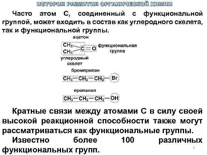 ИСТОРИЯ РАЗВИТИЯ ОРГАНИЧЕСКОЙ ХИМИИ Часто атом С, соединенный с функциональной группой, может входить в