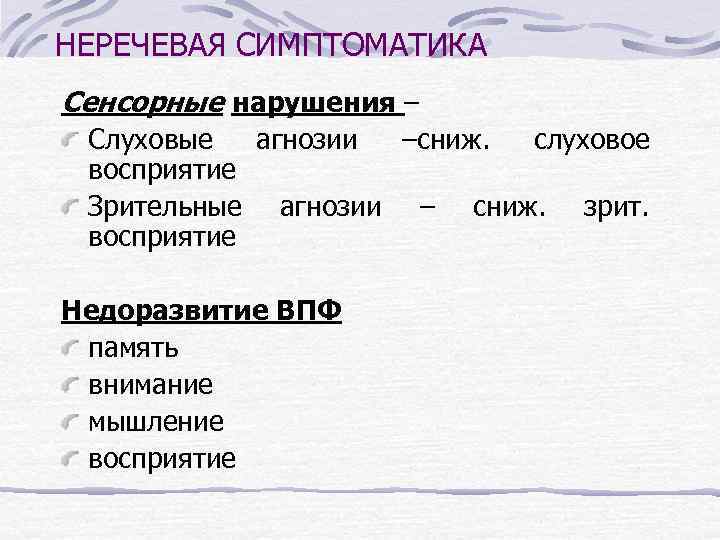 НЕРЕЧЕВАЯ СИМПТОМАТИКА Сенсорные нарушения – Слуховые агнозии –сниж. слуховое восприятие Зрительные агнозии – сниж.