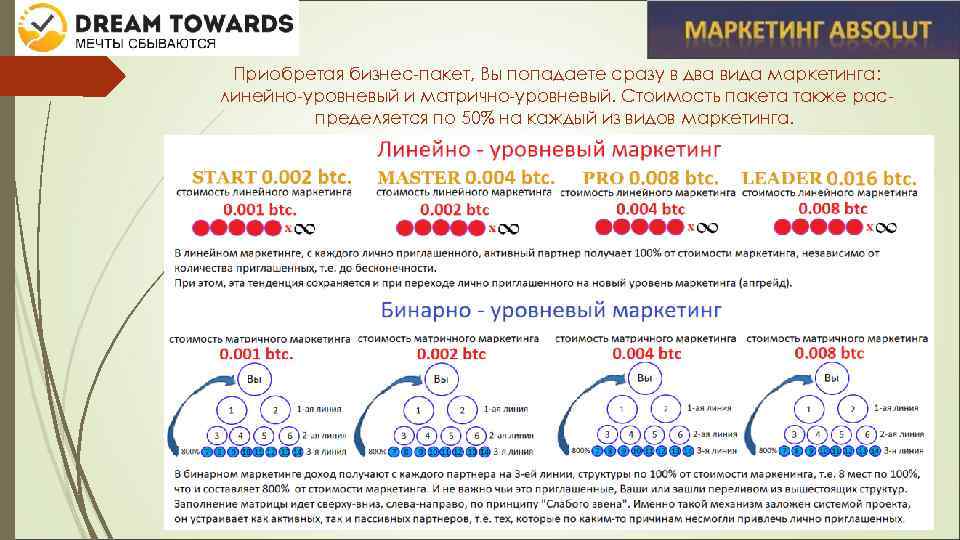 Приобретая бизнес-пакет, Вы попадаете сразу в два вида маркетинга: линейно-уровневый и матрично-уровневый. Стоимость пакета