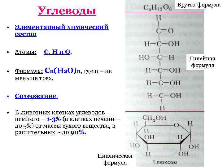 Брутто-формула Углеводы • Элементарный химический состав • Атомы: С, Н и О. • Формула: