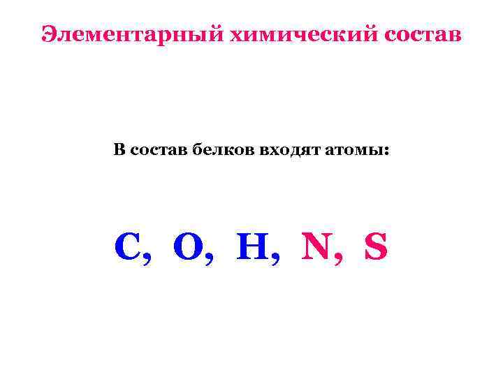 Элементарный химический состав В состав белков входят атомы: С, О, Н, N, S 