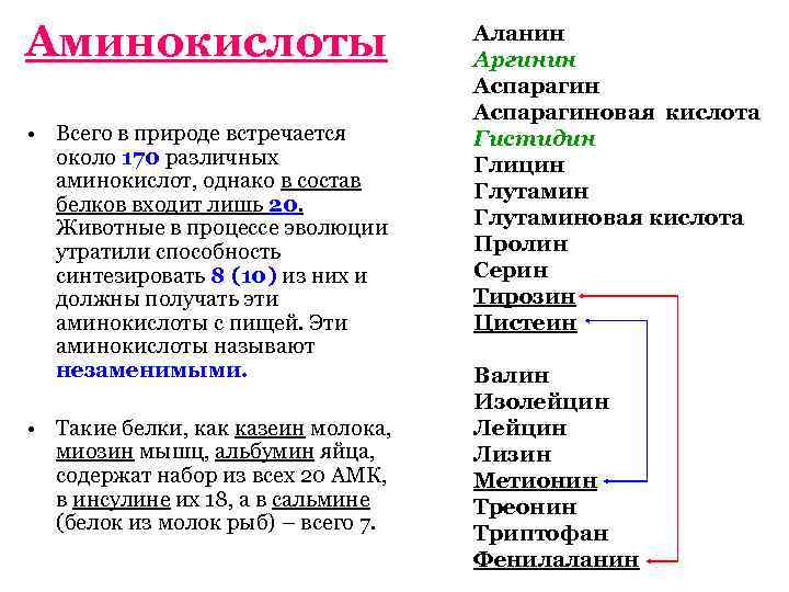 Аминокислоты • Всего в природе встречается около 170 различных аминокислот, однако в состав белков