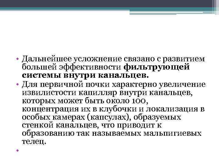  • Дальнейшее усложнение связано с развитием большей эффективности фильтрующей системы внутри канальцев. •