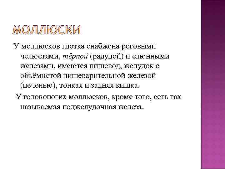 У моллюсков глотка снабжена роговыми челюстями, тёркой (радулой) и слюнными железами, имеются пищевод, желудок