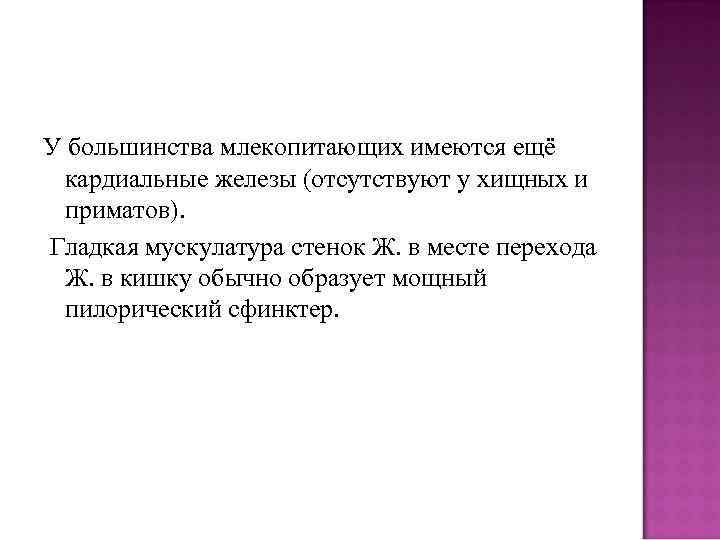 У большинства млекопитающих имеются ещё кардиальные железы (отсутствуют у хищных и приматов). Гладкая мускулатура