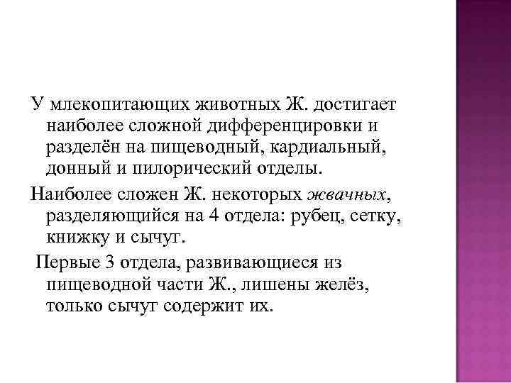 У млекопитающих животных Ж. достигает наиболее сложной дифференцировки и разделён на пищеводный, кардиальный, донный