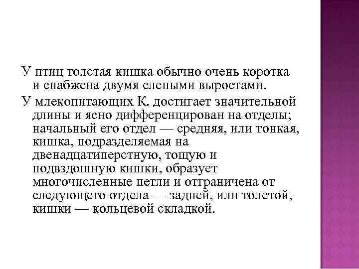 У птиц толстая кишка обычно очень коротка и снабжена двумя слепыми выростами. У млекопитающих