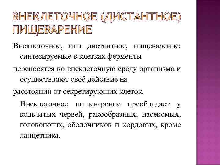 Внеклеточное, или дистантное, пищеварение: синтезируемые в клетках ферменты переносятся во внеклеточную среду организма и