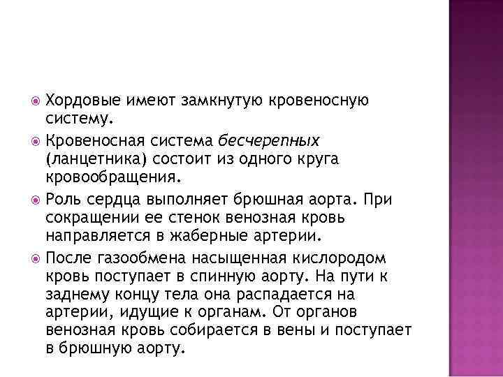 Хордовые имеют замкнутую кровеносную систему. Кровеносная система бесчерепных (ланцетника) состоит из одного круга кровообращения.