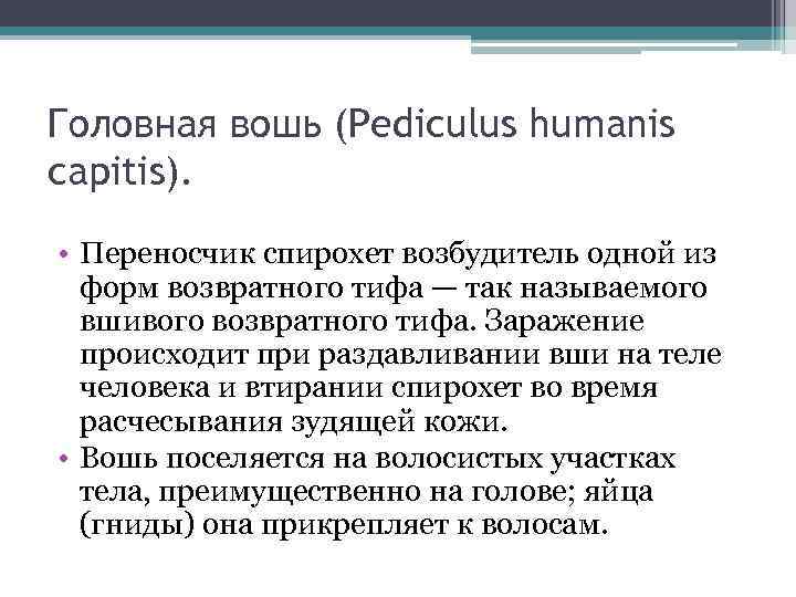 Головная вошь (Рediculus humanis capitis). • Переносчик спирохет возбудитель одной из форм возвратного тифа