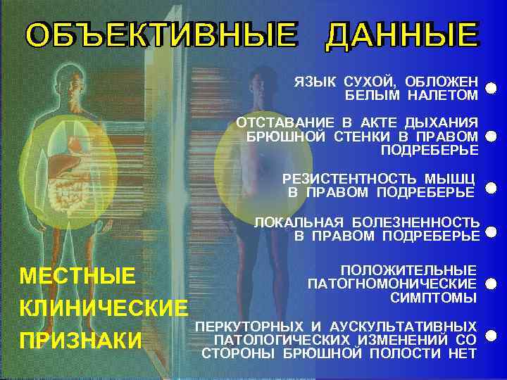 ЯЗЫК СУХОЙ, ОБЛОЖЕН БЕЛЫМ НАЛЕТОМ ОТСТАВАНИЕ В АКТЕ ДЫХАНИЯ БРЮШНОЙ СТЕНКИ В ПРАВОМ ПОДРЕБЕРЬЕ