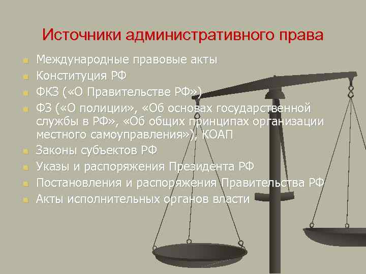 Источники административного права Международные правовые акты Конституция РФ ФКЗ ( «О Правительстве РФ» )