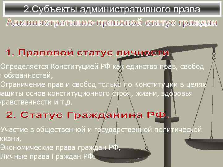 2. Субъекты административного права -Определяется Конституцией РФ как единство прав, свобод и обязанностей, -Ограничение