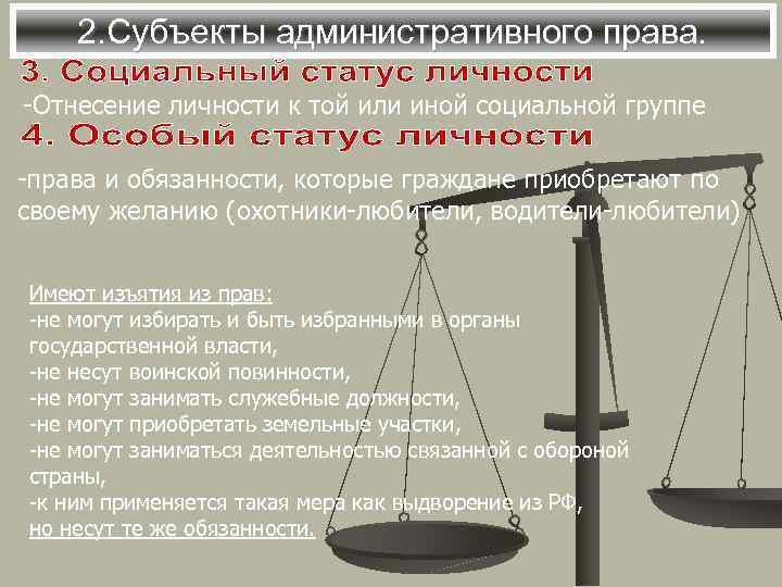 2. Субъекты административного права. -Отнесение личности к той или иной социальной группе -права и